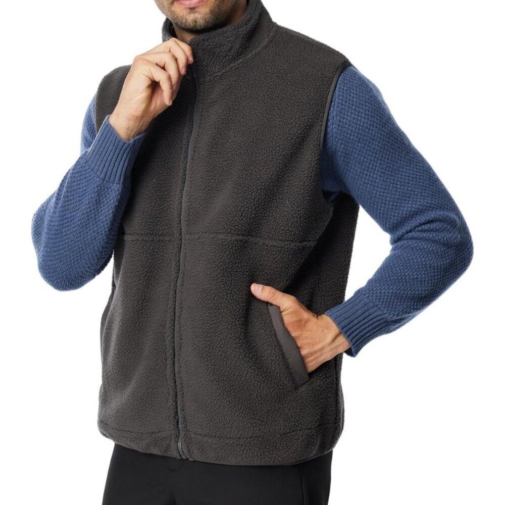 Mens Size 3XL Gray Sherpa Fleece Vest With Zippered Pockets & Stand Collar